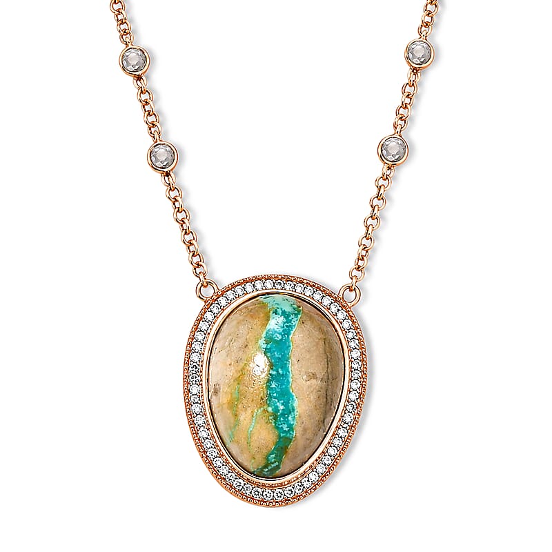 D'Joy Rachel Roy Premium Royston Ribbon Turquoise, White Zircon and Simulated Diamond 17.85 ctw Necklace in 18K Vermeil Rose Gold Over Sterling Silver 18 Inches