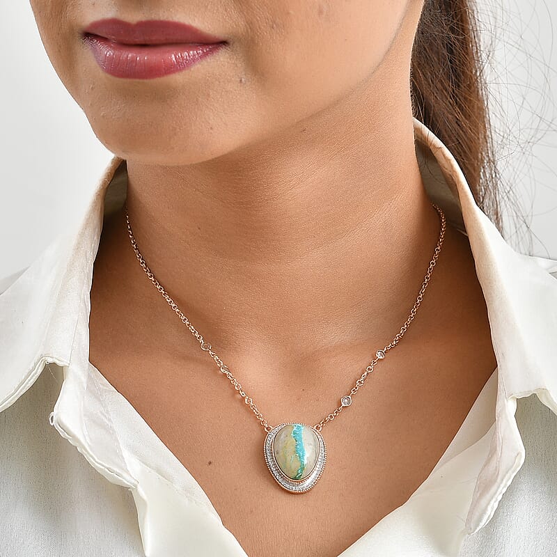 D'Joy Rachel Roy Premium Royston Ribbon Turquoise, White Zircon and Simulated Diamond 17.85 ctw Necklace in 18K Vermeil Rose Gold Over Sterling Silver 18 Inches