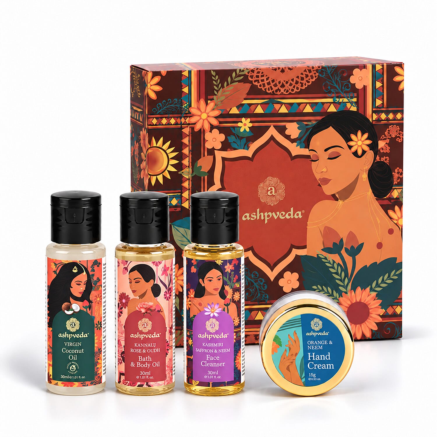 Ashpveda Nature's Magic Mandarin & Neem Hand Cream / Kannauj Rose & Oudh Body Oil / Kashmiri Saffron & Neem Face Wash / Virgin Coconut Oil 30 ml / 1.01 oz