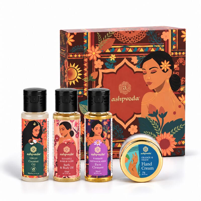 Ashpveda Nature's Magic Mandarin & Neem Hand Cream / Kannauj Rose & Oudh Body Oil / Kashmiri Saffron & Neem Face Wash / Virgin Coconut Oil 30 ml / 1.01 oz