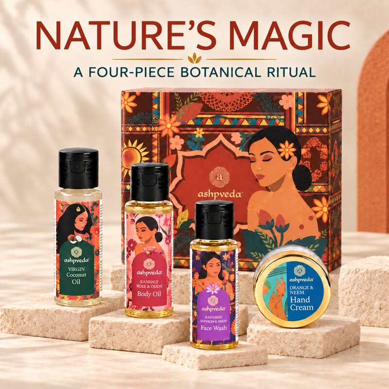 Ashpveda Nature's Magic Mandarin & Neem Hand Cream / Kannauj Rose & Oudh Body Oil / Kashmiri Saffron & Neem Face Wash / Virgin Coconut Oil 30 ml / 1.01 oz