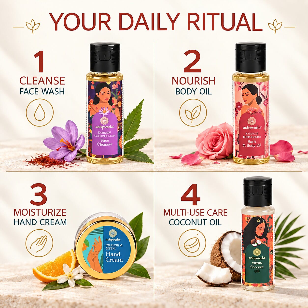 Ashpveda Nature's Magic Mandarin & Neem Hand Cream / Kannauj Rose & Oudh Body Oil / Kashmiri Saffron & Neem Face Wash / Virgin Coconut Oil 30 ml / 1.01 oz