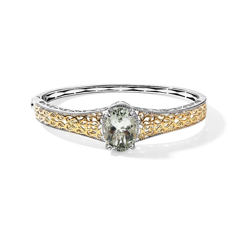 EverTrue Montezuma Prasiolite 12.10 ctw Bangle Bracelet in 18K YG Plated and Platinum Bond (7.25 in)