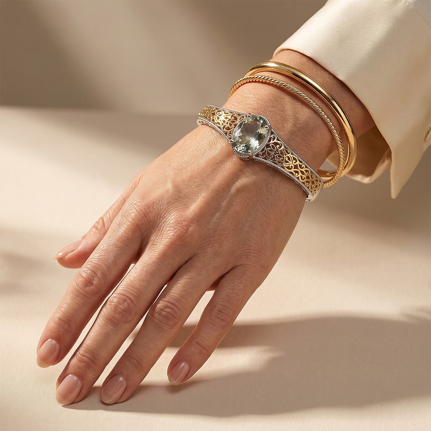 EverTrue Montezuma Prasiolite 12.10 ctw Bangle Bracelet in 18K YG Plated and Platinum Bond (7.25 in)