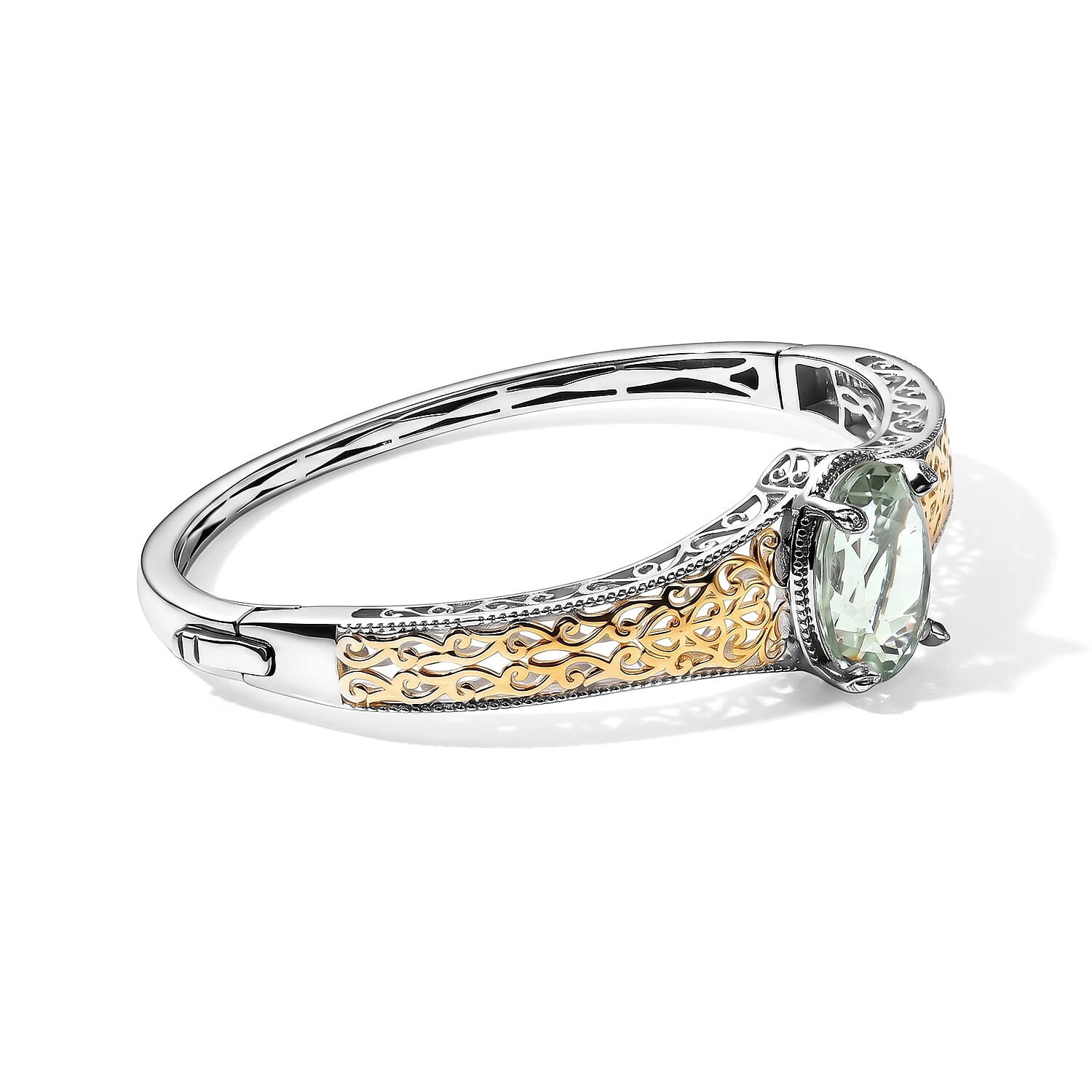 EverTrue Montezuma Prasiolite 12.10 ctw Bangle Bracelet in 18K YG Plated and Platinum Bond (7.25 in)