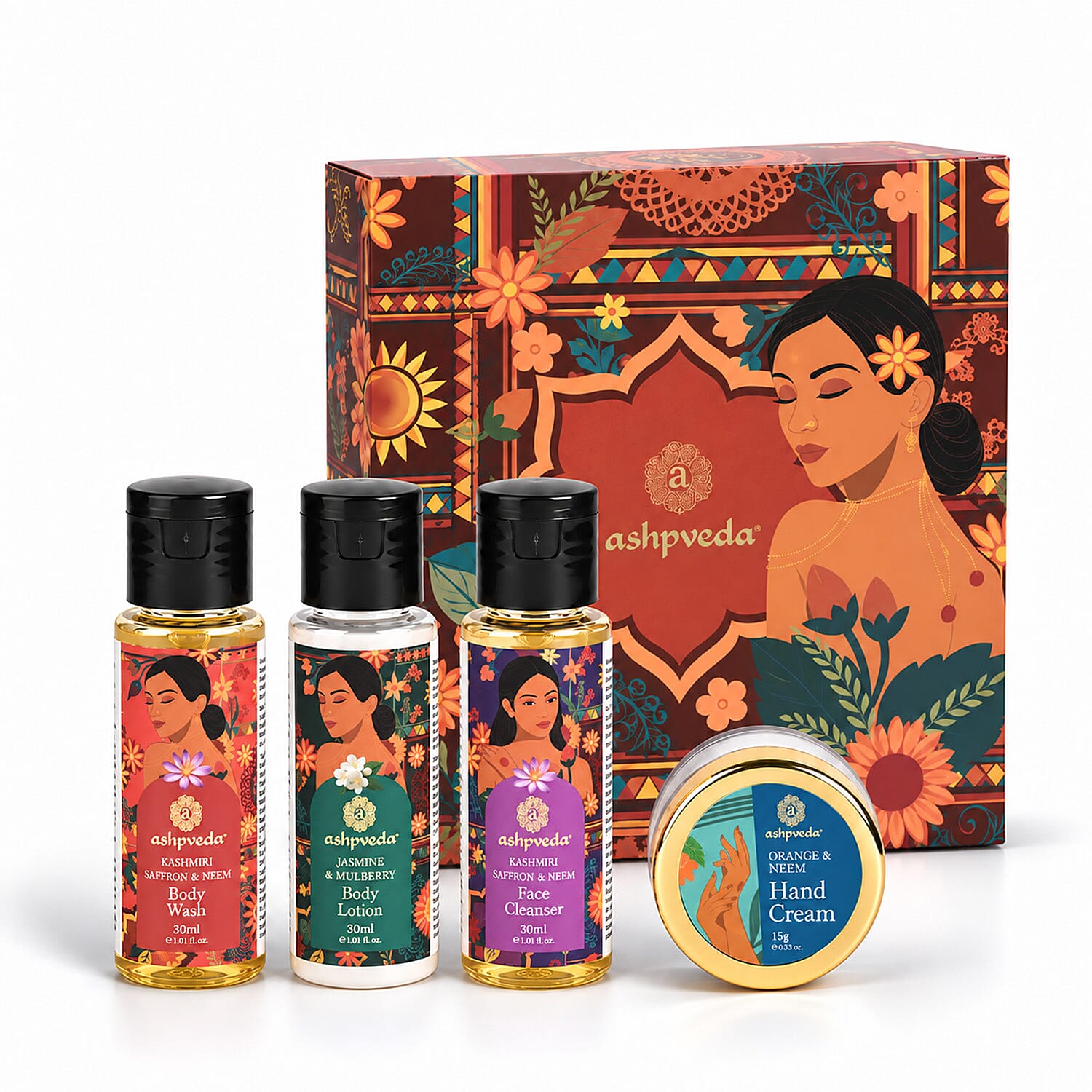 Ashpveda Heritage Jasmine & Mulberry Body Lotion / Mandarin & Neem Hand Cream / Kashmiri Saffron & Neem Body Wash / Kashmiri Saffron & Neem Face Wash 30 ml / 1.01 oz