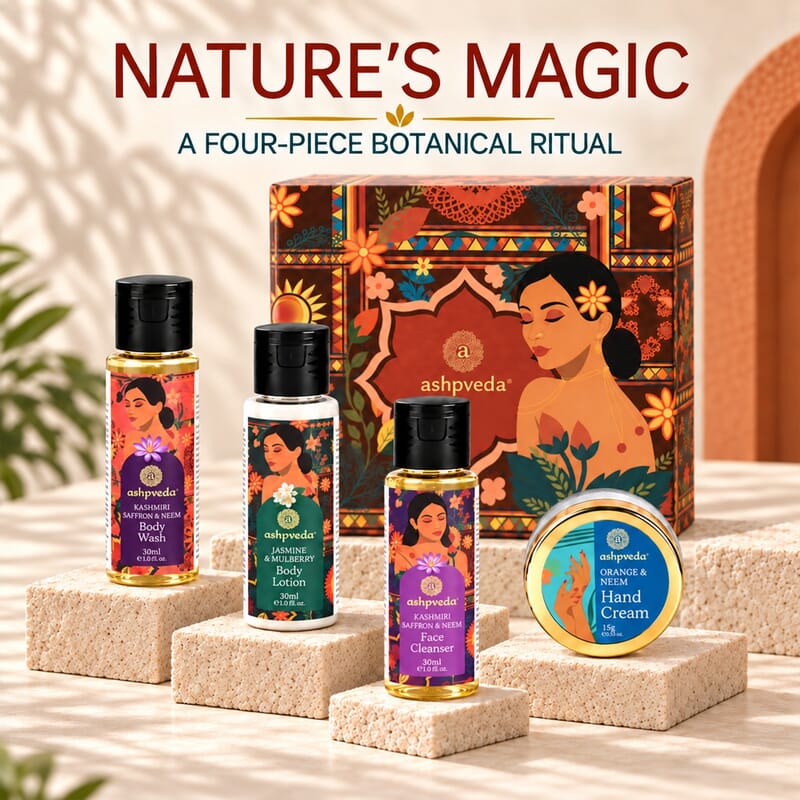 Ashpveda Heritage Jasmine & Mulberry Body Lotion / Mandarin & Neem Hand Cream / Kashmiri Saffron & Neem Body Wash / Kashmiri Saffron & Neem Face Wash 30 ml / 1.01 oz
