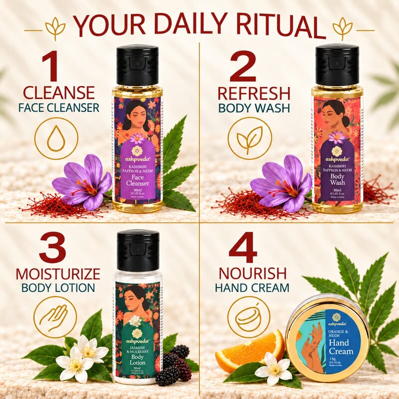 Ashpveda Heritage Jasmine & Mulberry Body Lotion / Mandarin & Neem Hand Cream / Kashmiri Saffron & Neem Body Wash / Kashmiri Saffron & Neem Face Wash 30 ml / 1.01 oz