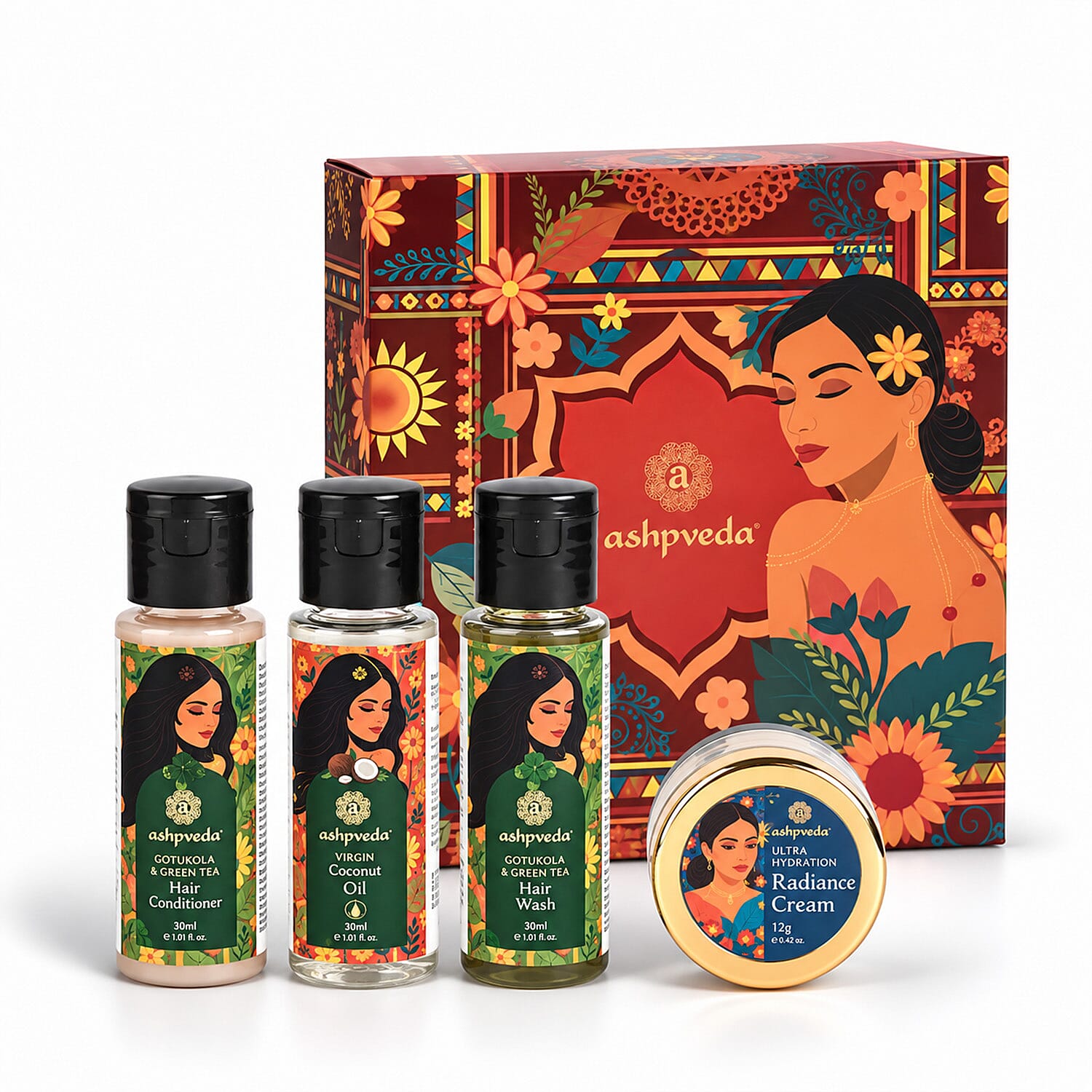 Ashpveda Mandakini Green Tea & Gotukola Hair Wash / Green Tea & Gotukola Hair Conditioner / Virgin Coconut Oil / Ultra Hydration Radiance Day Cream 12 g / 0.42 oz