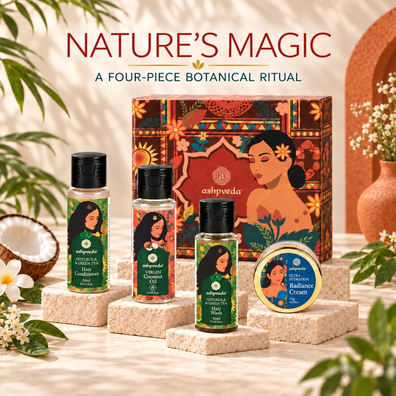 Ashpveda Mandakini Green Tea & Gotukola Hair Wash / Green Tea & Gotukola Hair Conditioner / Virgin Coconut Oil / Ultra Hydration Radiance Day Cream 12 g / 0.42 oz