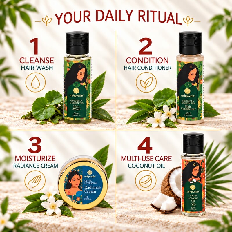 Ashpveda Mandakini Green Tea & Gotukola Hair Wash / Green Tea & Gotukola Hair Conditioner / Virgin Coconut Oil / Ultra Hydration Radiance Day Cream 12 g / 0.42 oz
