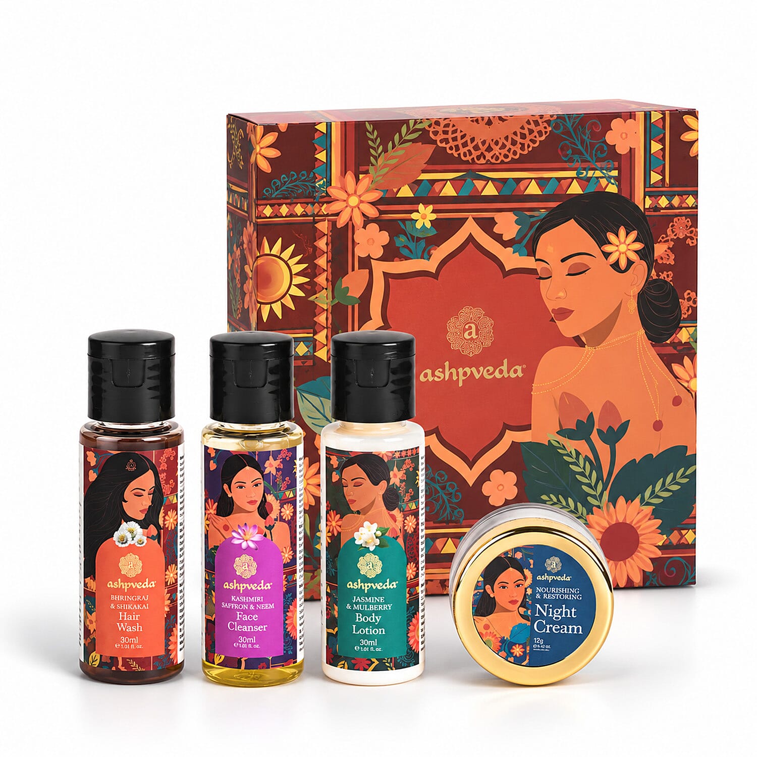 Ashpveda Opulance Kashmiri Saffron & Neem Face Wash / Nourishing & Restoring Night Cream / Jasmine & Mulberry Body Lotion / Bhringraj & Shikakai Hair Wash 30 ml / 1.01 oz