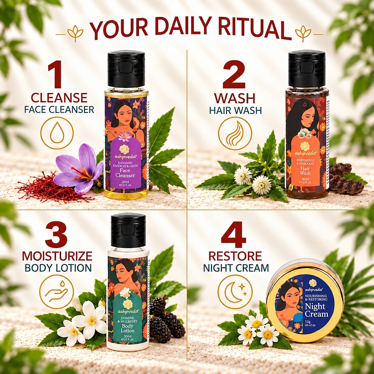 Ashpveda Opulance Kashmiri Saffron & Neem Face Wash / Nourishing & Restoring Night Cream / Jasmine & Mulberry Body Lotion / Bhringraj & Shikakai Hair Wash 30 ml / 1.01 oz