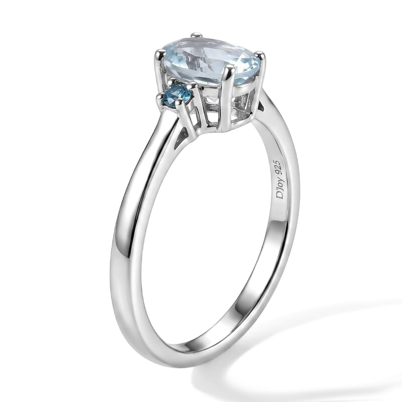 D'Joy Santa Maria Aquamarine and Lab Grown Blue Diamond (IR) (SI) 0.80 ctw Ice & Midnight Ring in Rhodium Over Sterling Silver (Size 5.0)