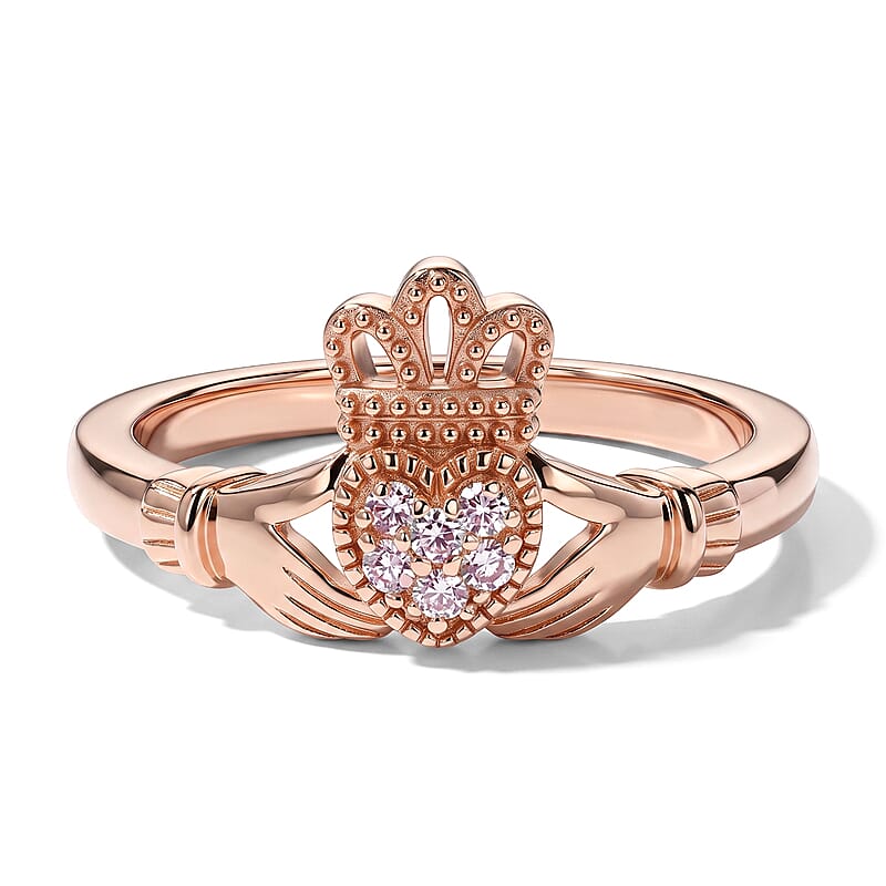 D'Joy Natural Pink Diamond 0.06 ctw Claddagh Ring in 18K RG Plated Sterling Silver (Size 6.0)