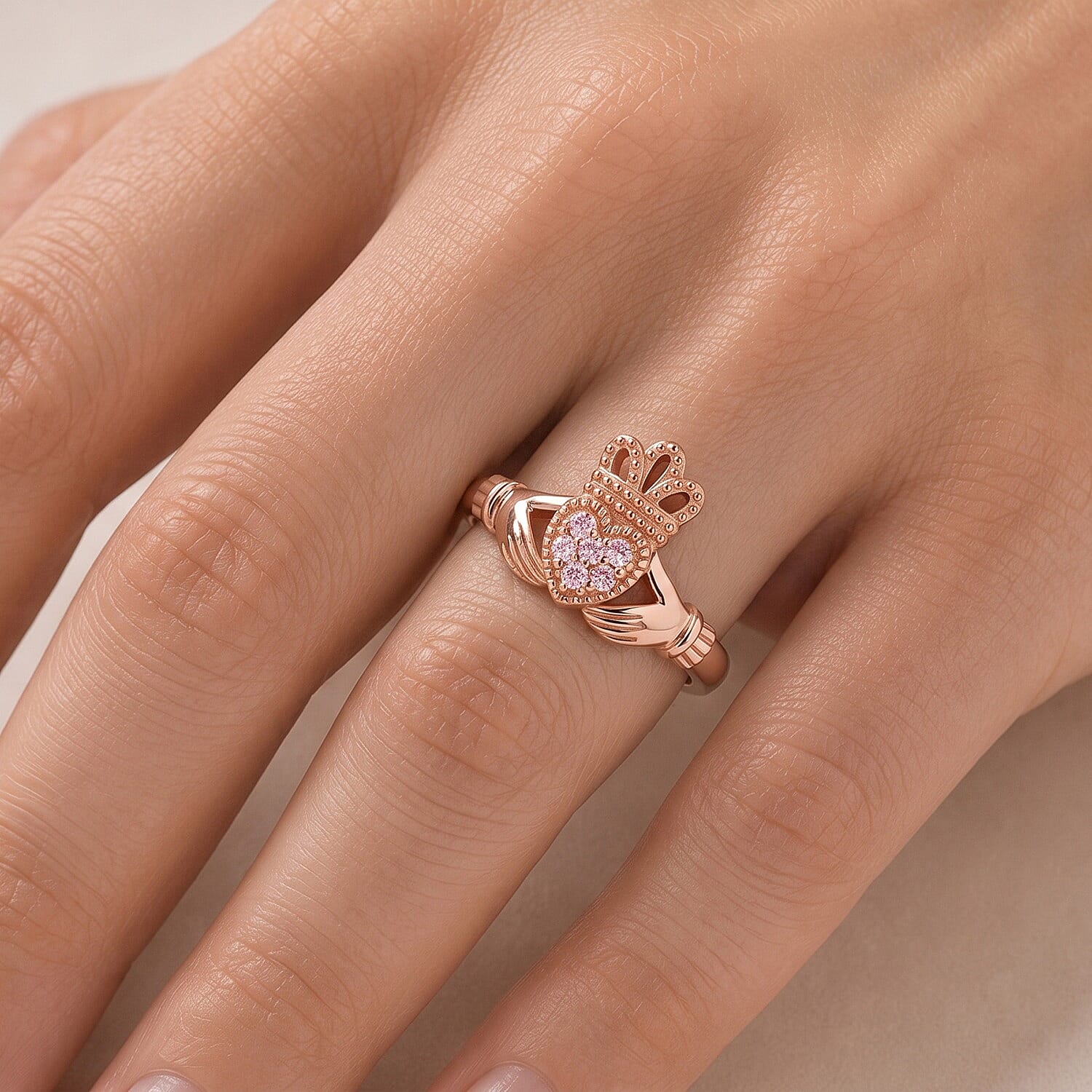 D'Joy Natural Pink Diamond 0.06 ctw Claddagh Ring in 18K RG Plated Sterling Silver (Size 6.0)