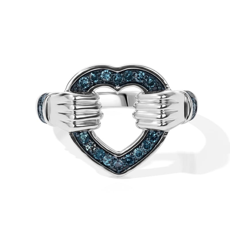 Luxuriant Lab Grown Blue Diamond (IR)(SI) 0.25 ctw Always Together Heart Ring in Rhodium Over Sterling Silver (Size 6.0)