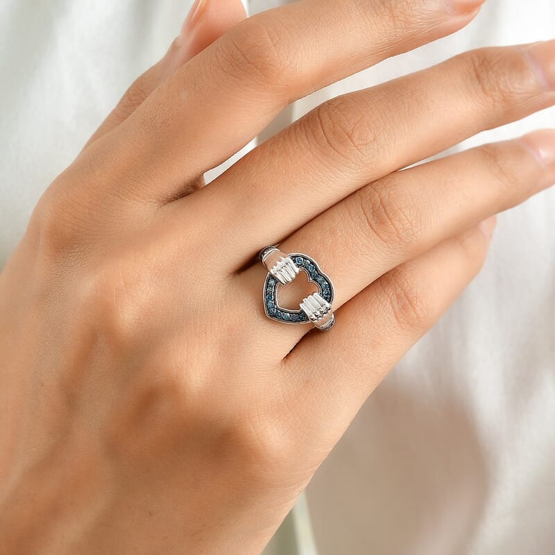 Luxuriant Lab Grown Blue Diamond (IR)(SI) 0.25 ctw Always Together Heart Ring in Rhodium Over Sterling Silver (Size 6.0)