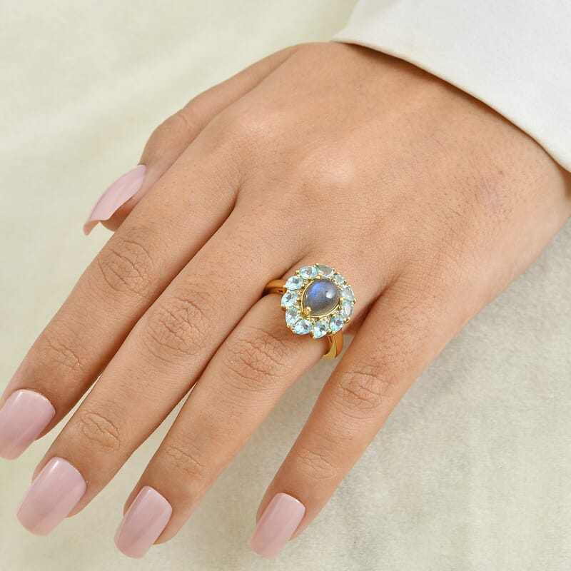 EverTrue AAA Malagasy Labradorite and Multi Gemstone 3.80 ctw Aurora Petals Ring in 18K YG Plated (Size 5.0)