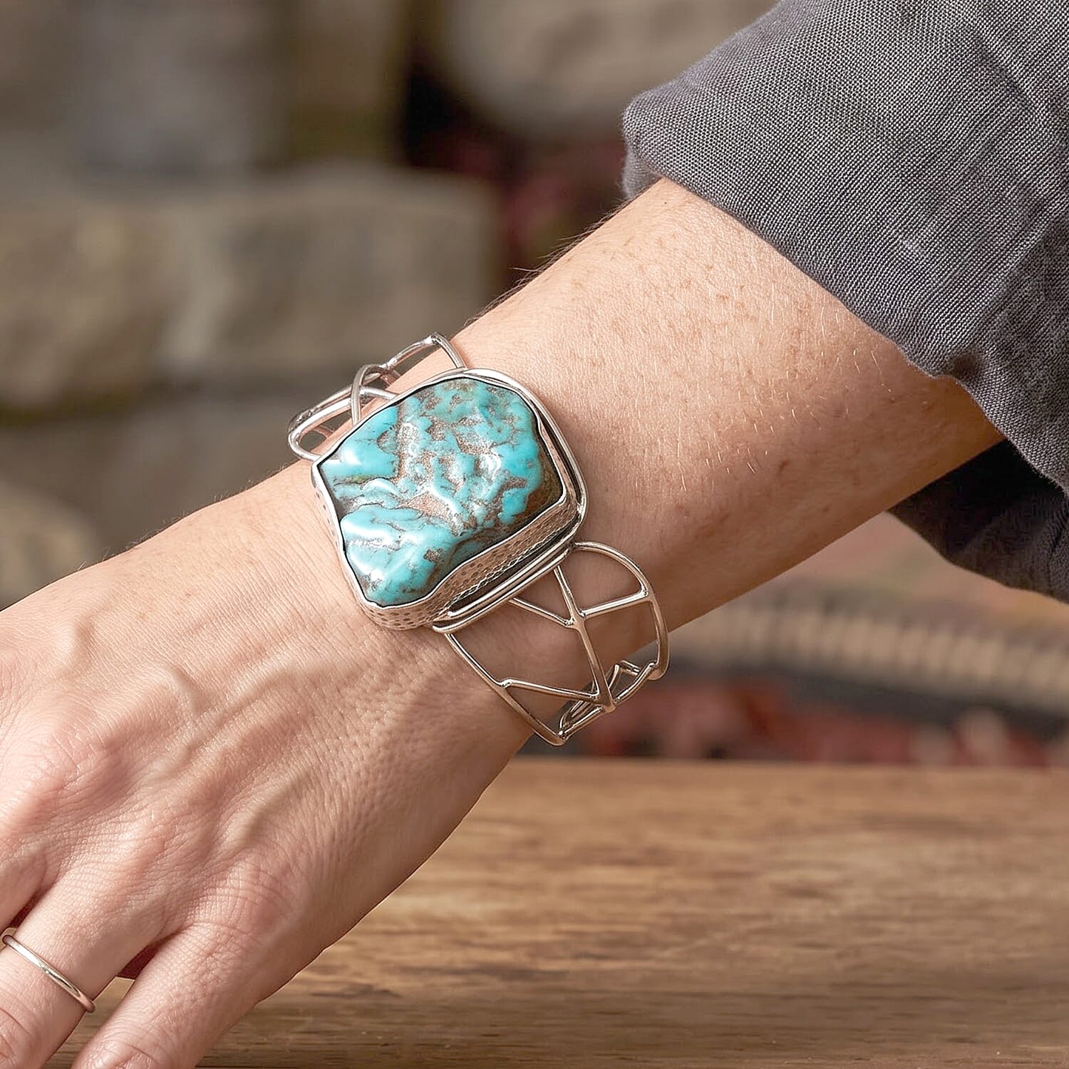 D'Joy Artisan Crafted Royal Hubei Turquoise 56.40 ctw Cuff Bangle Bracelet in Sterling Silver (7.25 In)