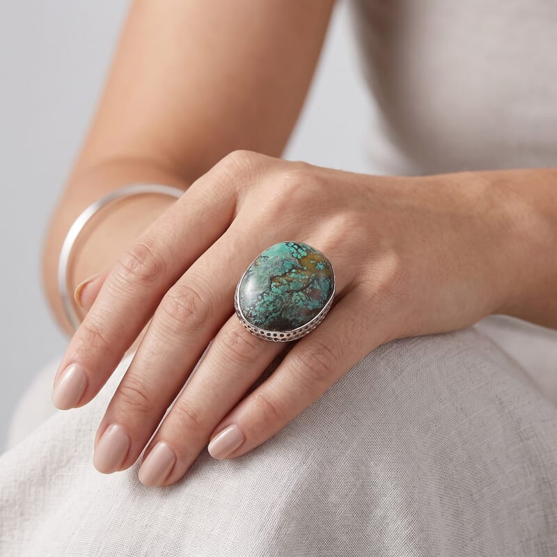 D'Joy Artisan Crafted Royal Hubei Blue Turquoise 49.80 ctw Ring in Sterling Silver (Size 6.0)