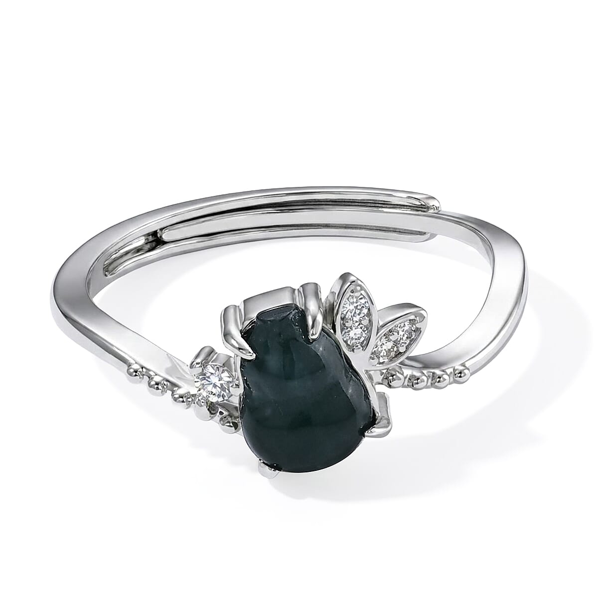 Natural Jadeite and Simulated Diamond 6.00 ctw Ring (Adjustable) in Silvertone