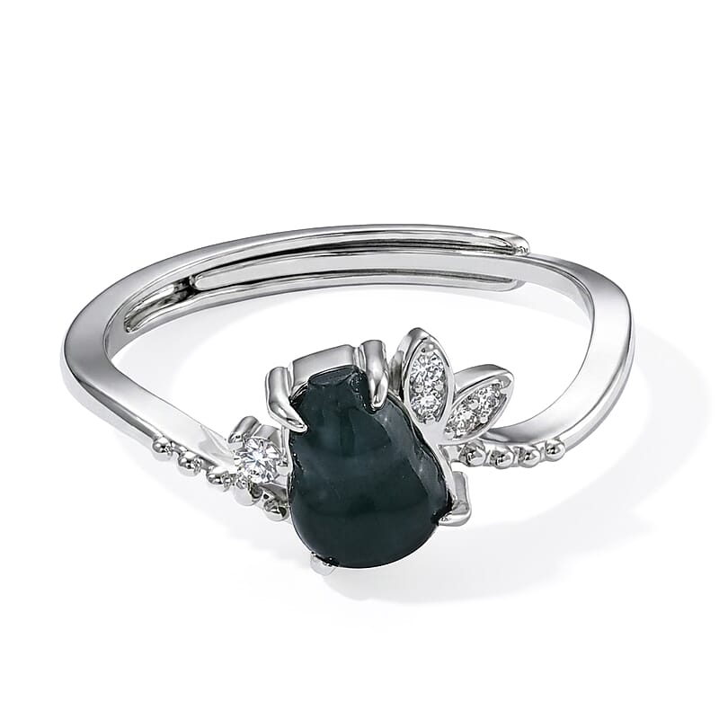 Natural Jadeite and Simulated Diamond 6.00 ctw Ring (Adjustable) in Silvertone
