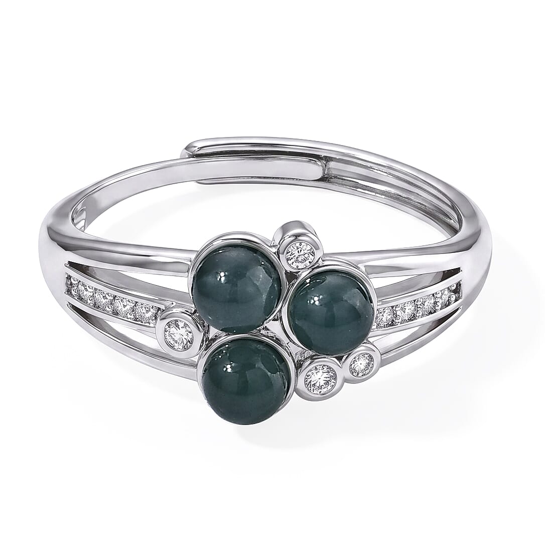 Jadeite and Simulated Diamond 7.00 ctw Ring in Silvertone (Adjustable)