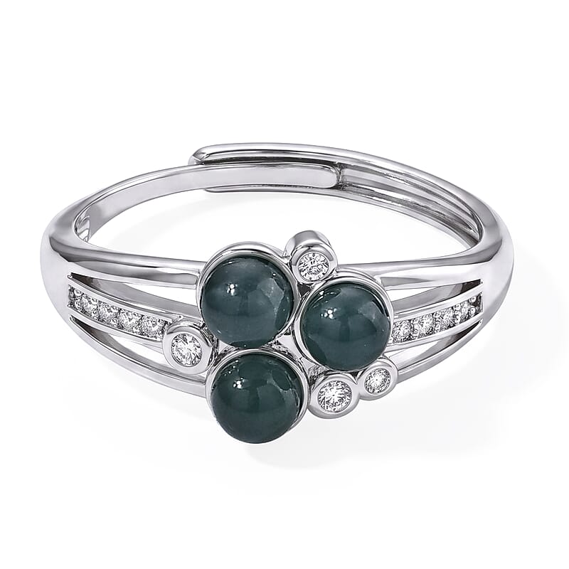 Jadeite and Simulated Diamond 7.00 ctw Ring in Silvertone (Adjustable)