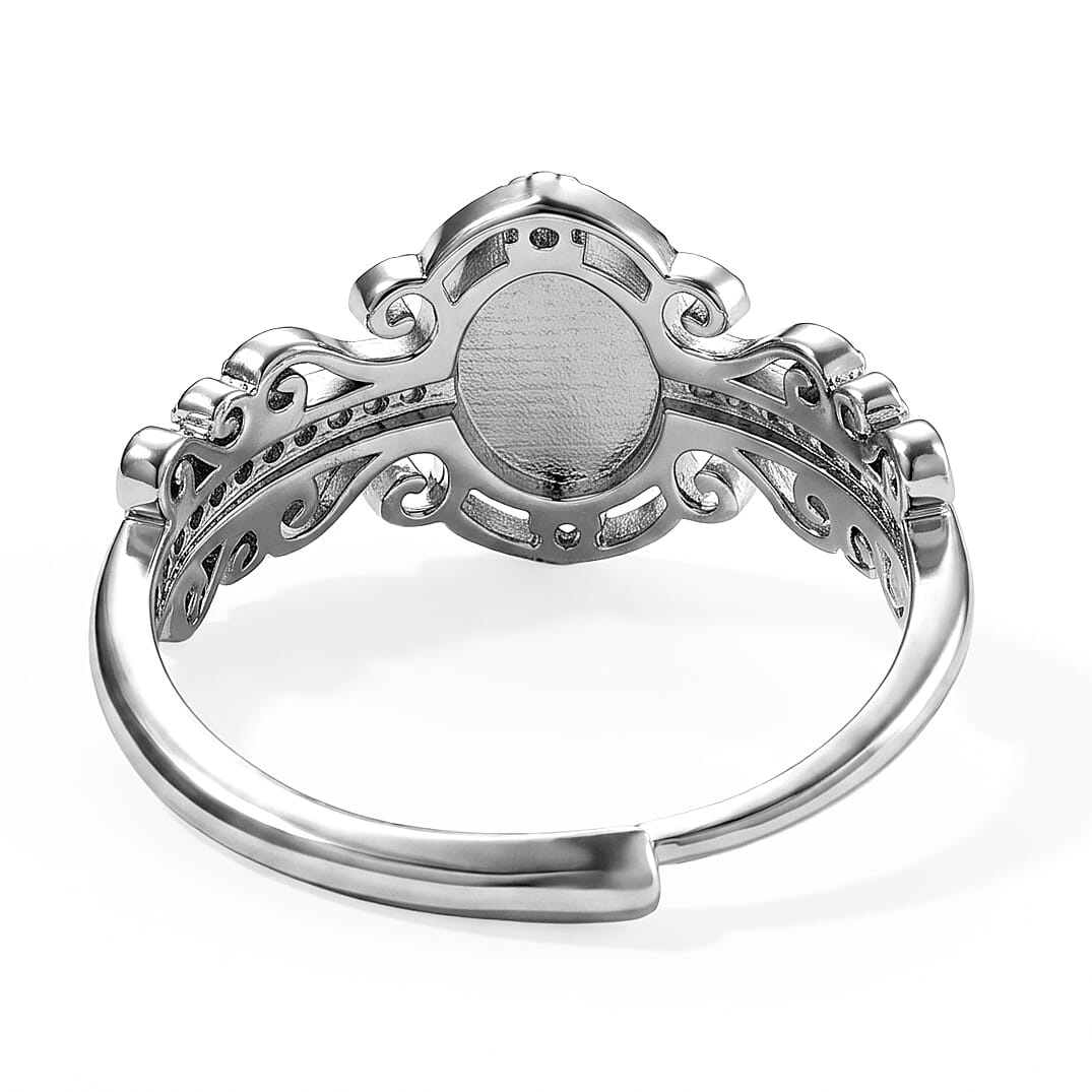 Green Jade and Simulated Diamond 8.00 ctw Ring in Silvertone (Adjustable)
