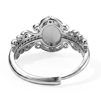 Green Jade and Simulated Diamond 8.00 ctw Ring in Silvertone (Adjustable)