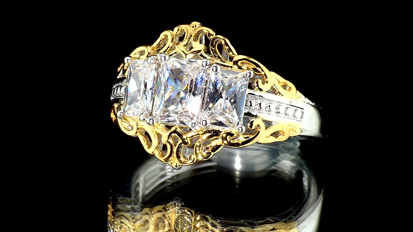 EverTrue Simulated Diamond 3 Stone Ring in 18K YG Plated and Platinum Bond (Size 10.0) 3.65 ctw