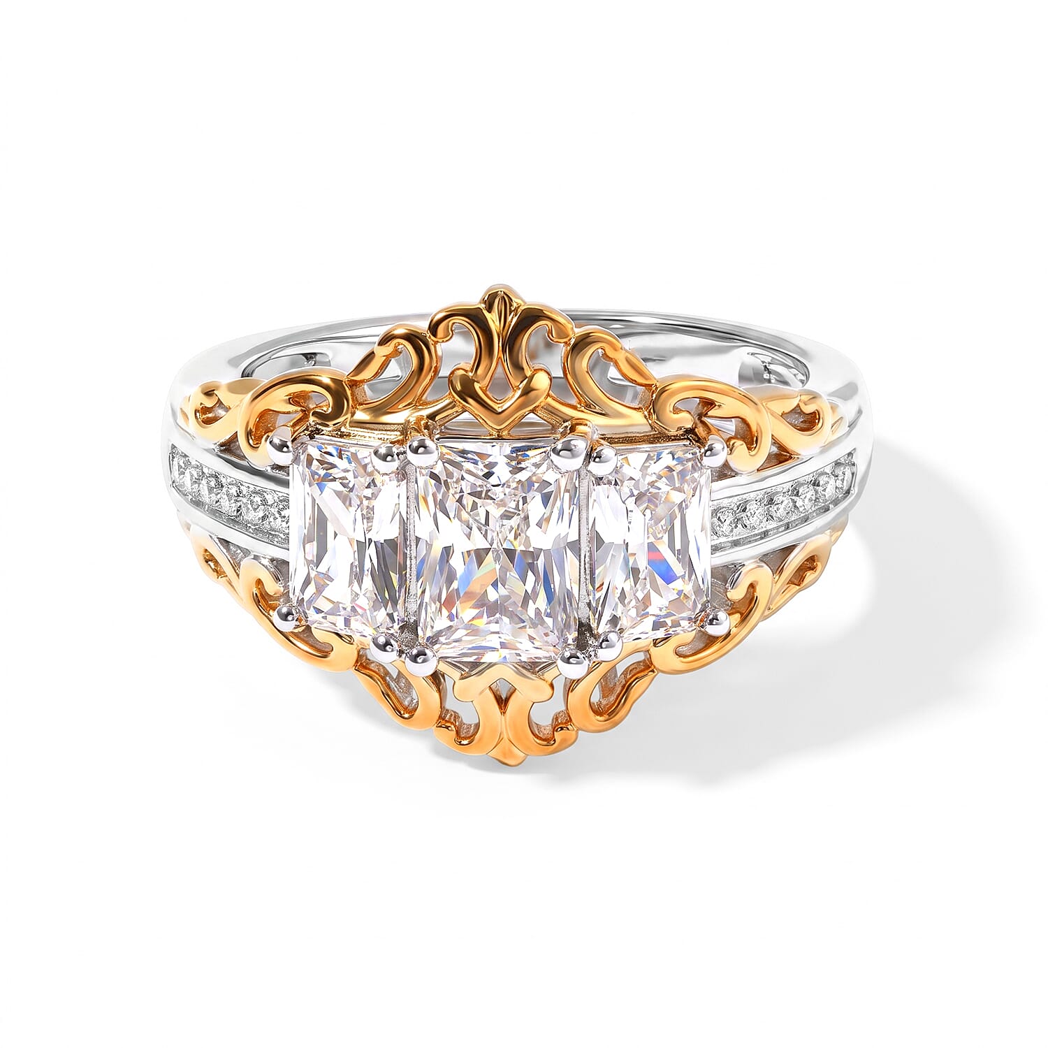 EverTrue Simulated Diamond 3 Stone Ring in 18K YG Plated and Platinum Bond (Size 5.0)