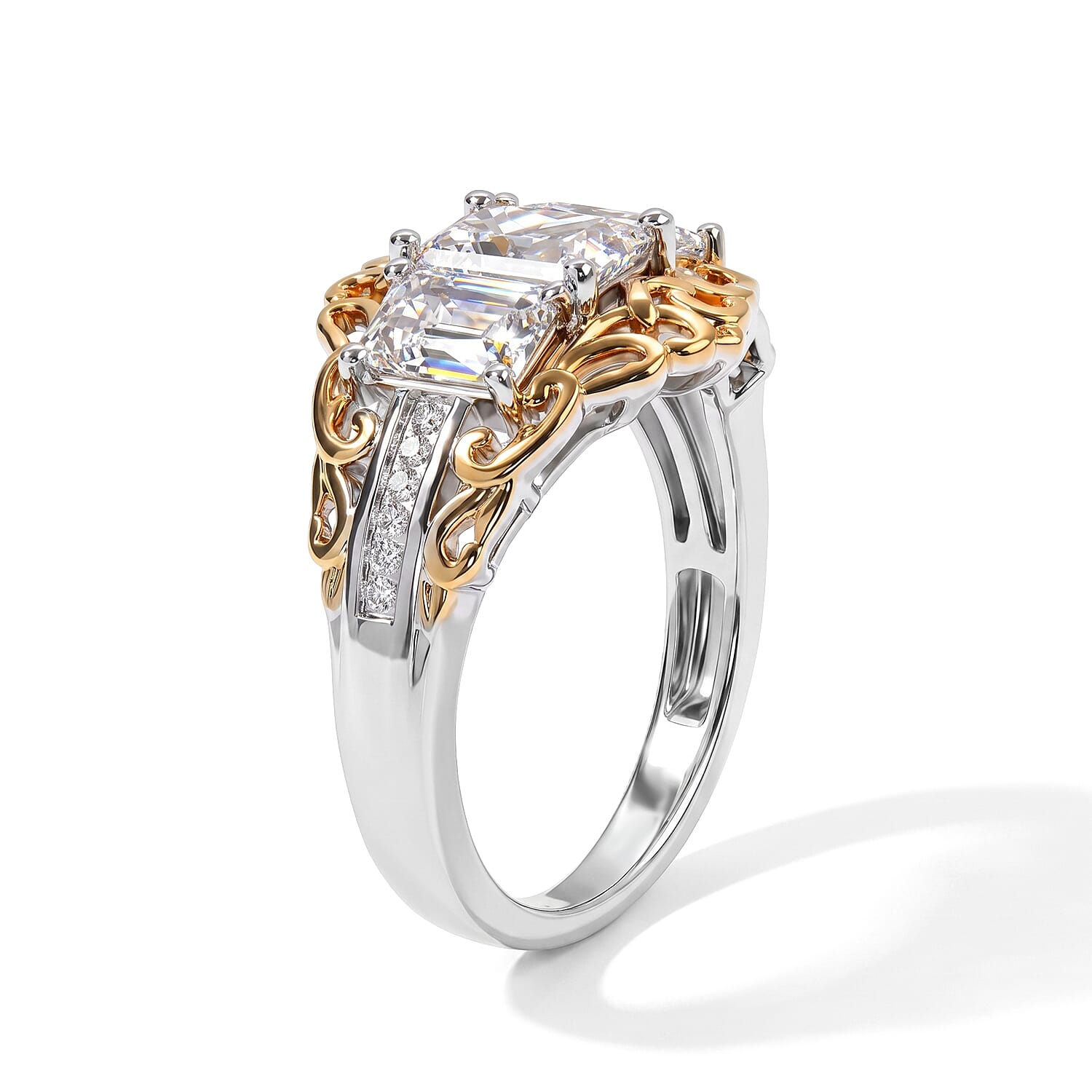 EverTrue Simulated Diamond 3 Stone Ring in 18K YG Plated and Platinum Bond (Size 5.0)