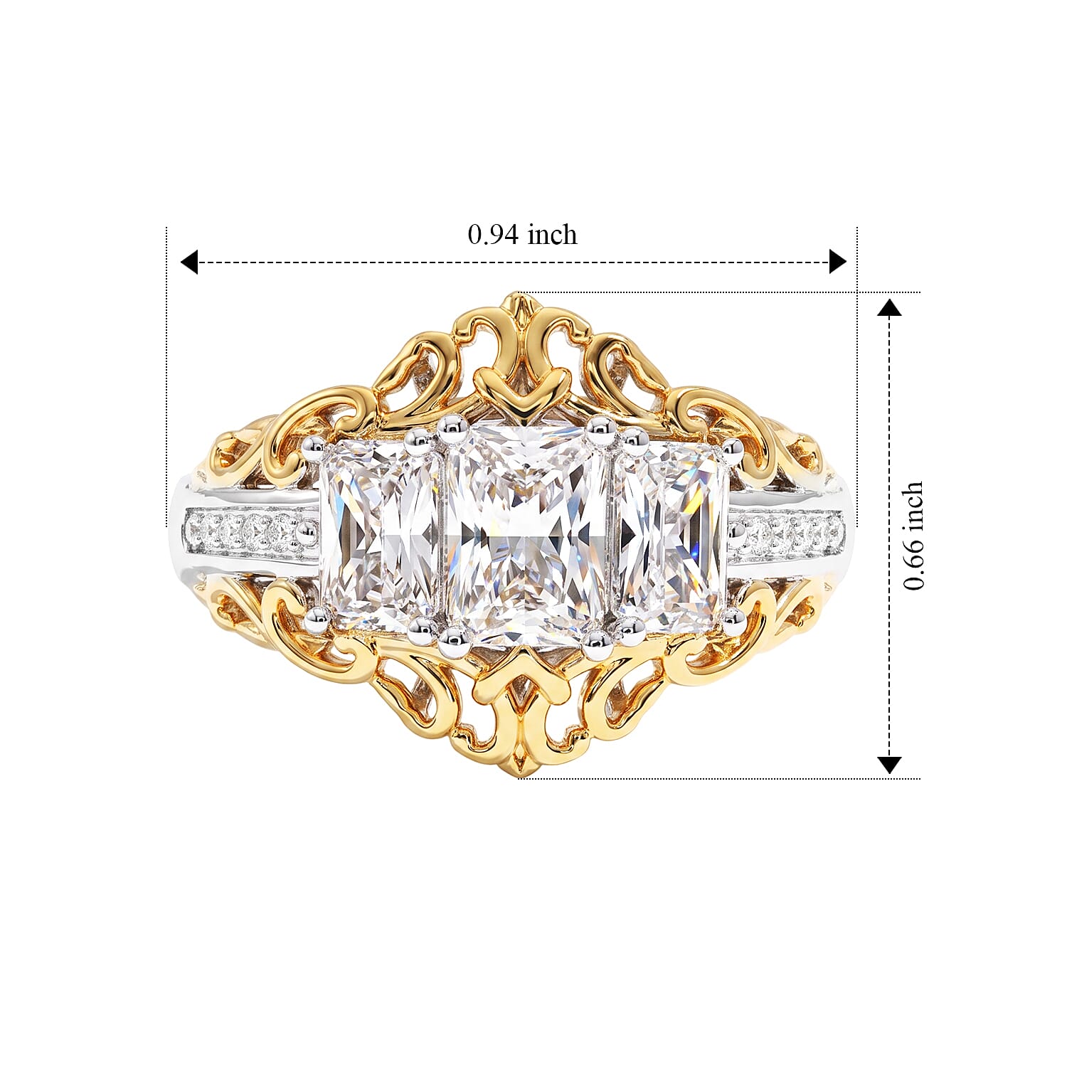 EverTrue Simulated Diamond 3 Stone Ring in 18K YG Plated and Platinum Bond (Size 5.0)