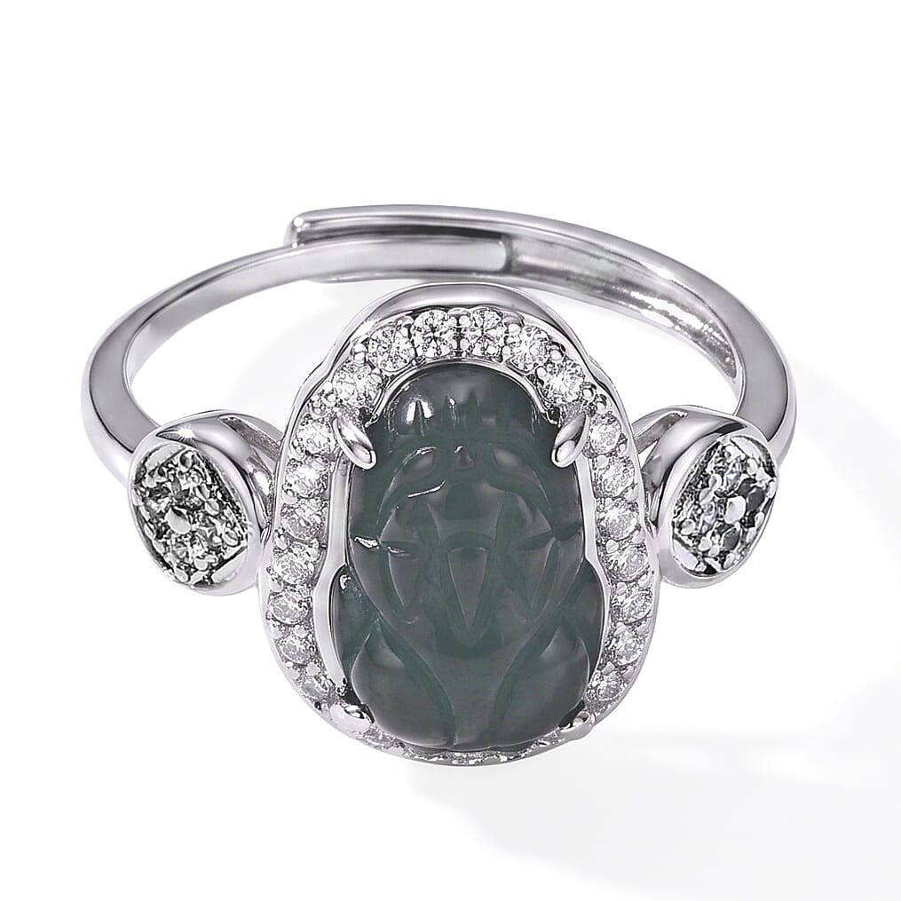 Jadeite and Simulated Diamond 14.00 ctw Ring in Silvertone (Adjustable)