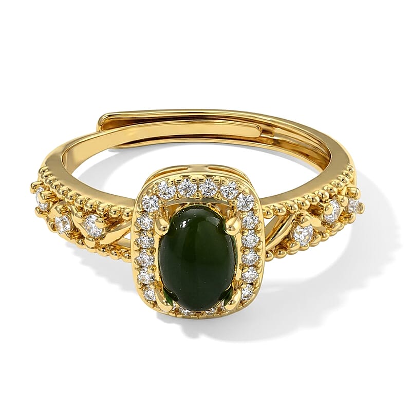 Green Jade and Simulated Diamond 8.00 ctw Ring (Adjustable) in Goldtone