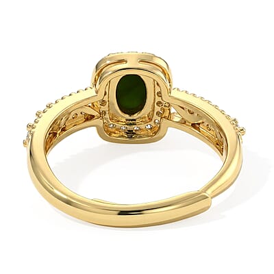 Green Jade and Simulated Diamond 8.00 ctw Ring (Adjustable) in Goldtone