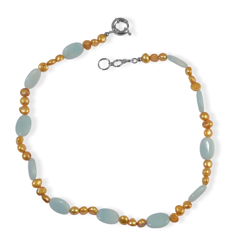 EverTrue Amazonite and Golden Pearl (D) 85.00 ctw Necklace (18 Inches) in Platinum Bond