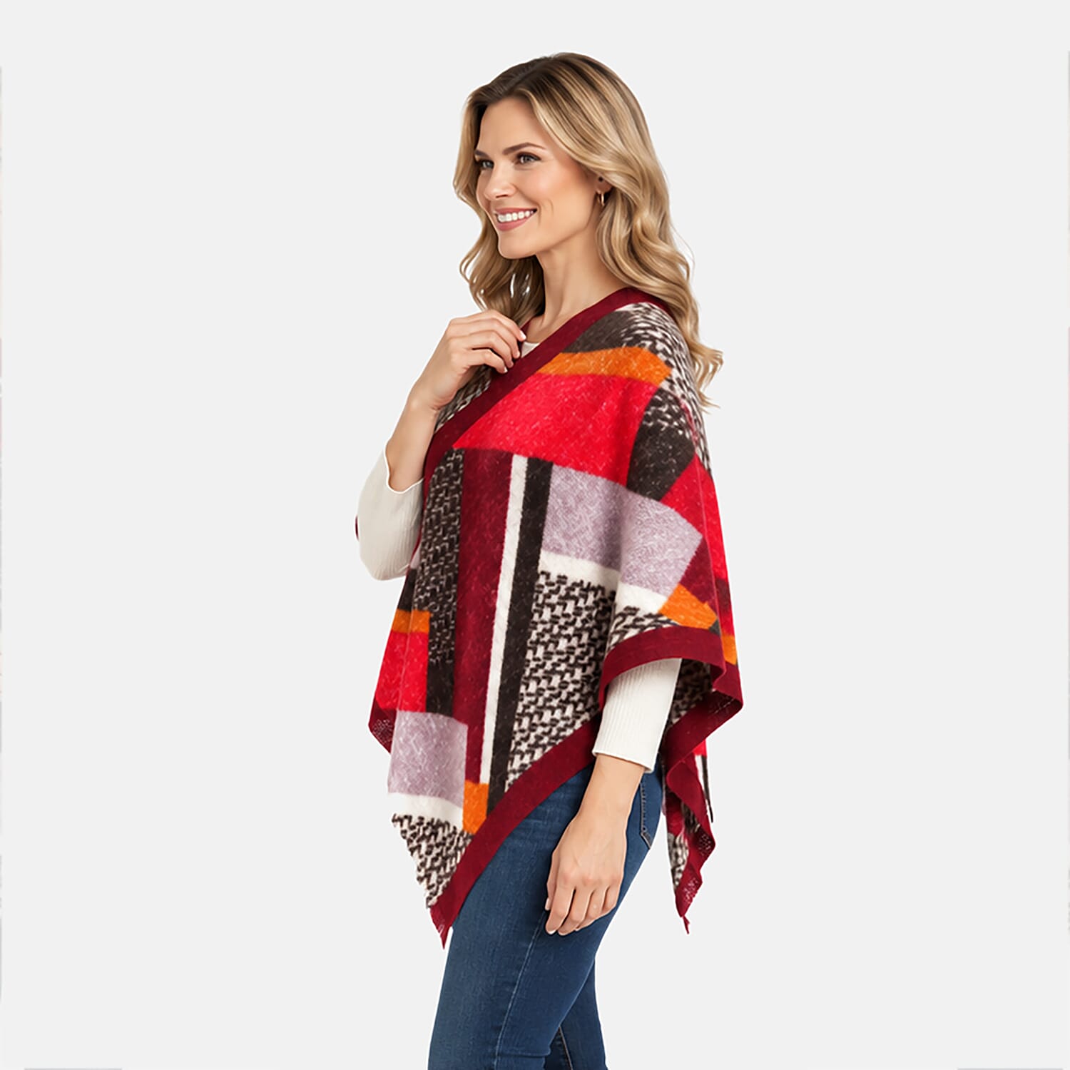 La Marey Red Colorblock Pattern Shawl
