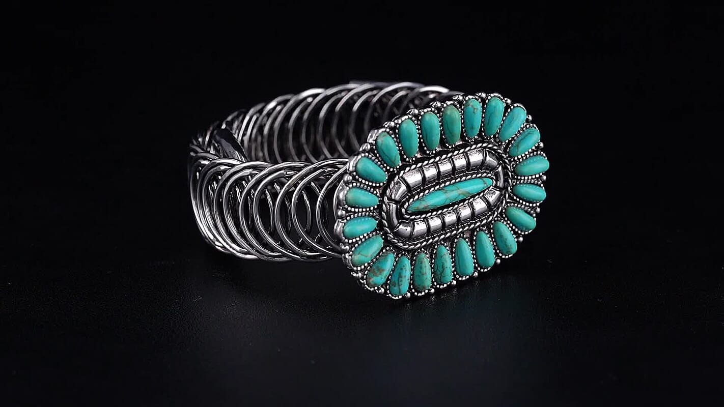 Blue Howlite 3.00 ctw Blooming Flowers Bangle Bracelet in Silvertone (6-8 In)