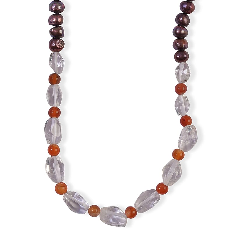 EverTrue Purple Pearl (D) and Multi Gemstone 15.00 ctw Necklace (18 Inches) in Platinum Bond