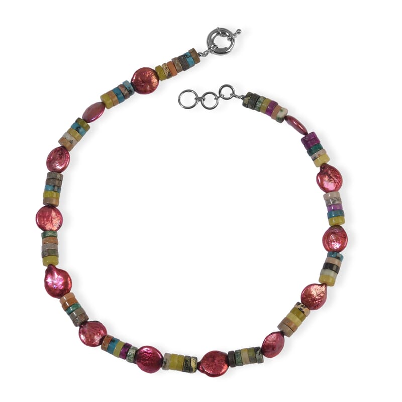 EverTrue Multi Jasper and Purple Pearl (D) 150.00 ctw Necklace (18 Inches) in Platinum Bond