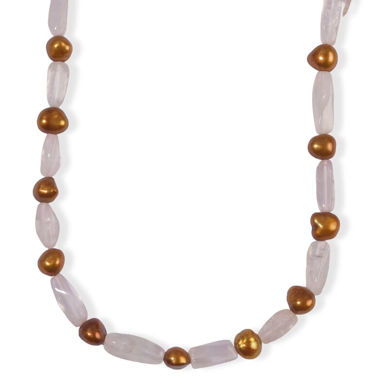 EverTrue Brown Pearl (D) and Galilea Rose Quartz 70.00 ctw Necklace (18 Inches) in Platinum Bond