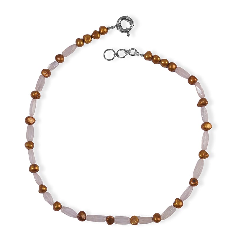 EverTrue Brown Pearl (D) and Galilea Rose Quartz 70.00 ctw Necklace (18 Inches) in Platinum Bond
