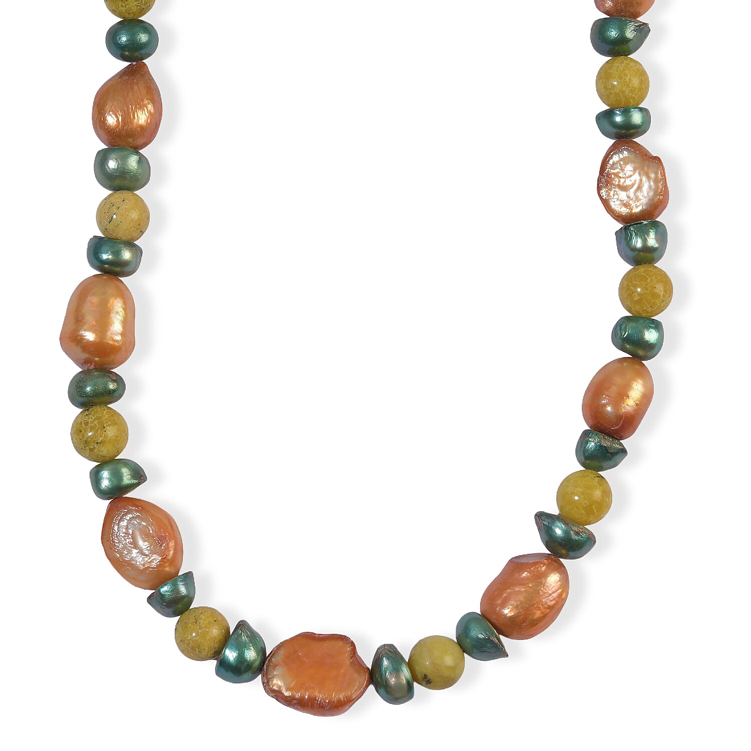 EverTrue Orange Freshwater and Green Pearl (D), Serpentine 45.00 ctw Necklace (18 Inches) in Platinum Bond