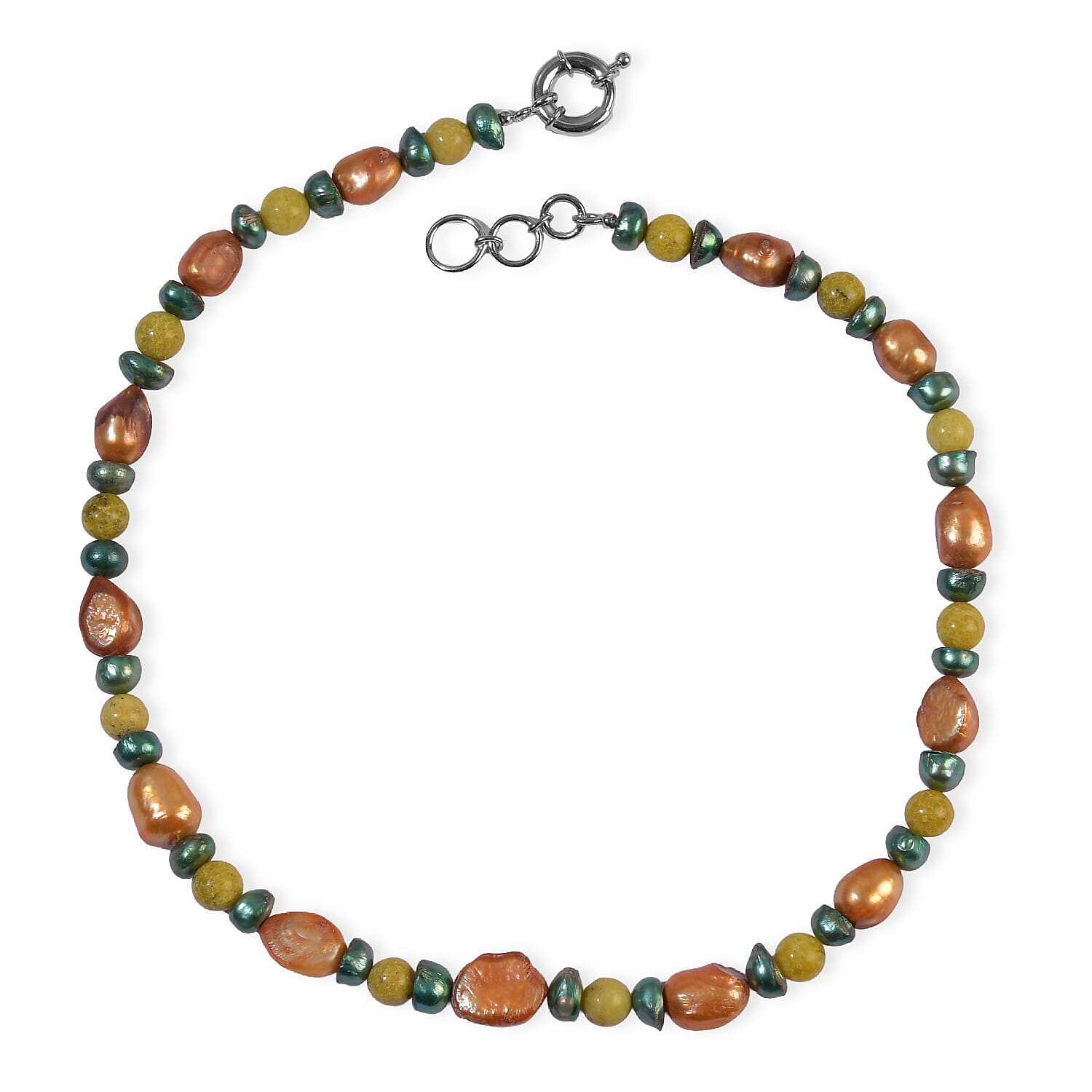 EverTrue Orange Freshwater and Green Pearl (D), Serpentine 45.00 ctw Necklace (18 Inches) in Platinum Bond