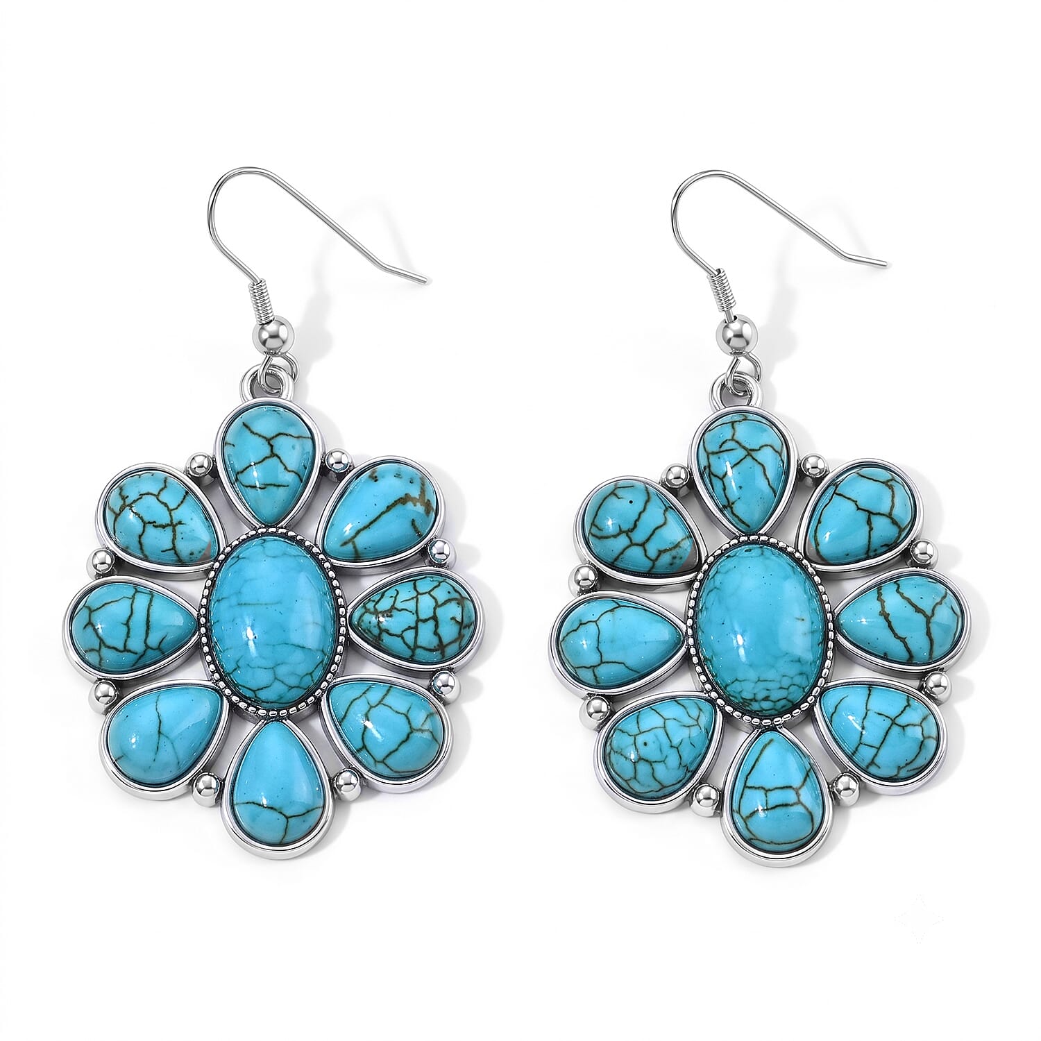 Blue Howlite 30.00 ctw Floral Earrings in Silvertone