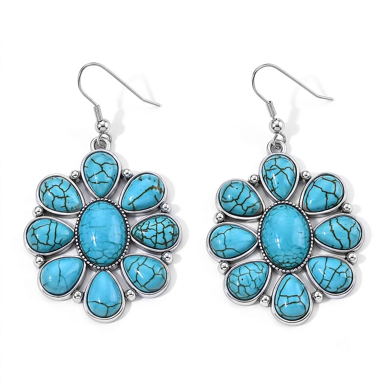 Blue Howlite 30.00 ctw Floral Earrings in Silvertone