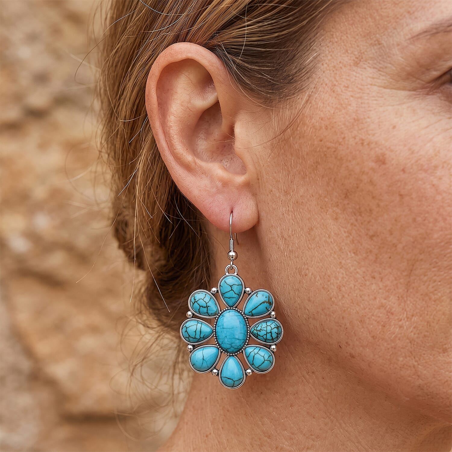 Blue Howlite 30.00 ctw Floral Earrings in Silvertone